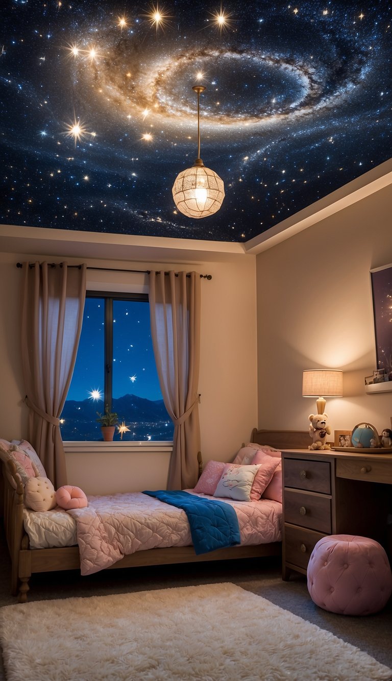 A young girl's bedroom with a starry night ceiling sticker, surrounded by princess-themed decor and furniture