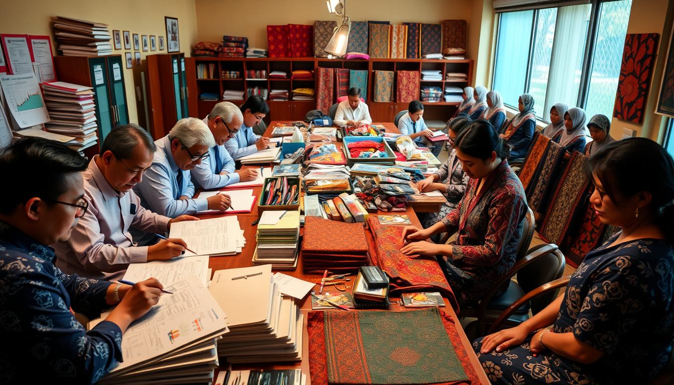 A bustling government office, filled with officials poring over stacks of papers and charts. In the foreground, a team of designers meticulously sketch new batik patterns, their brushstrokes bold and vibrant. In the middle ground, a group of artisans carefully dye and hand-stamp the intricate fabrics, their faces expressing deep concentration. The background reveals a display of finished batik products, showcasing the culmination of the government's efforts to revitalize this traditional Malaysian art form. Warm, natural lighting casts a glow over the scene, highlighting the rich hues and textures of the batik. The overall atmosphere conveys a sense of collaboration, innovation, and a deep appreciation for the cultural heritage of this craft.