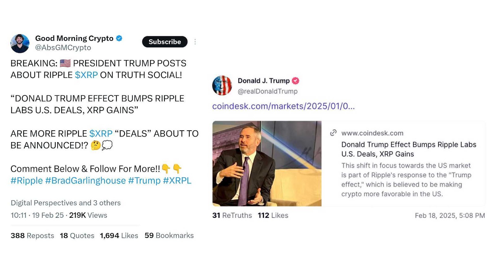 Donald Trump and Good Morning Crypto post about Ripple’s XRP on Truth Social and X