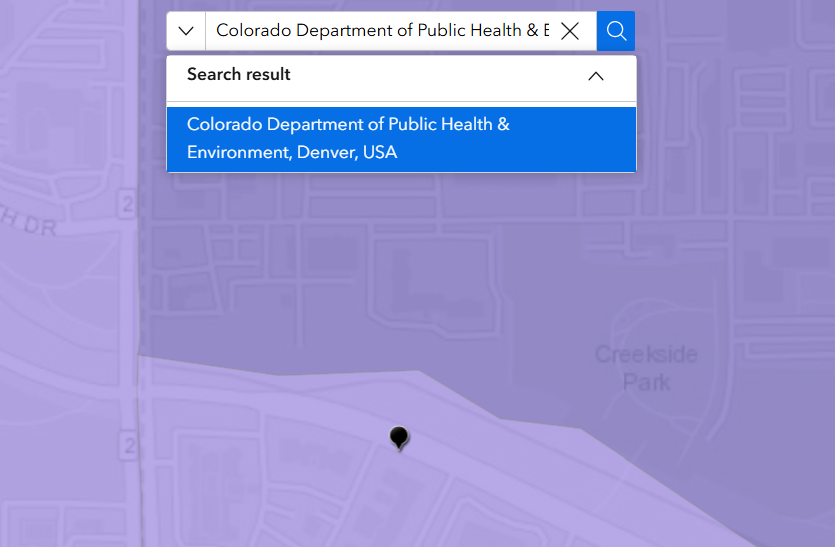 Una vista aérea del CDPHE en Colorado EnviroScreen 2.0 usando el cuadro de búsqueda de la herramienta y la dirección del CDPHE.