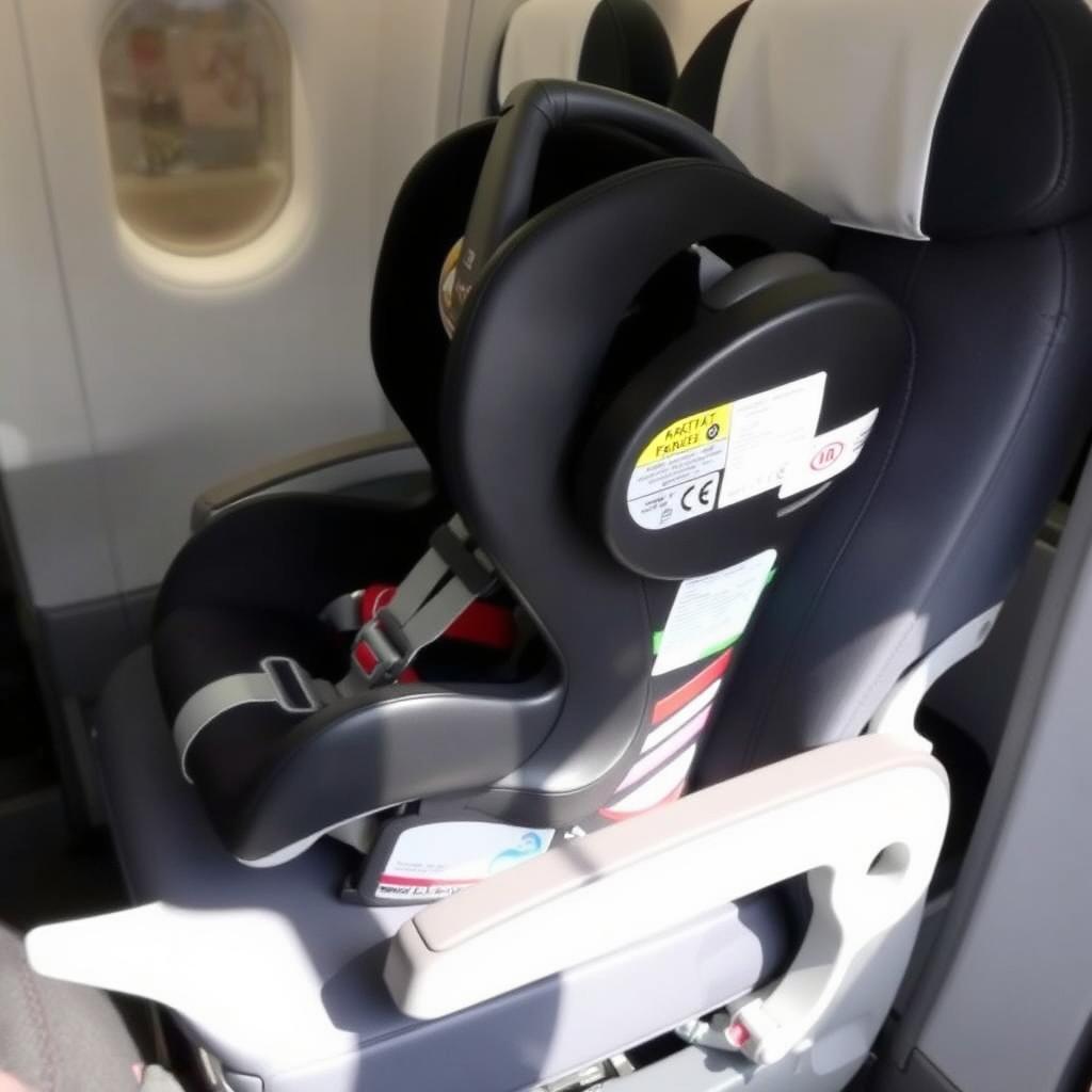 Infant car seat installed rear-facing on airplane seat