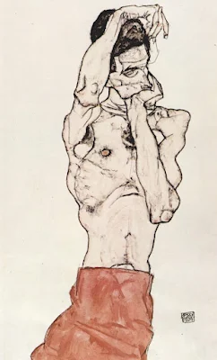 Egon Schiele, Nudo maschile con fascia rossa che cinge i fianchi (1914; matita, acquerello e tempera su carta, 480 x 320 mm; Vienna, Albertina)