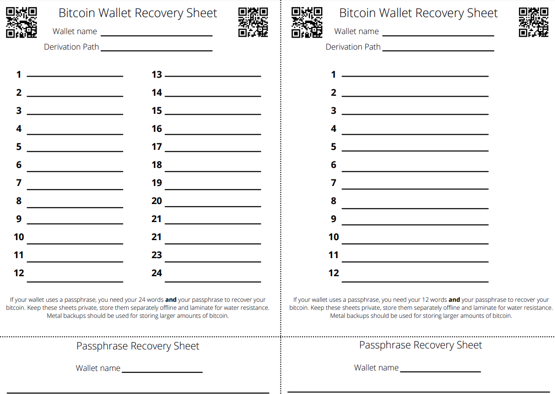 an example of a bitcoin wallet recovery sheet, which has fields for the wallet name, destination path, and lines for inputting passwords