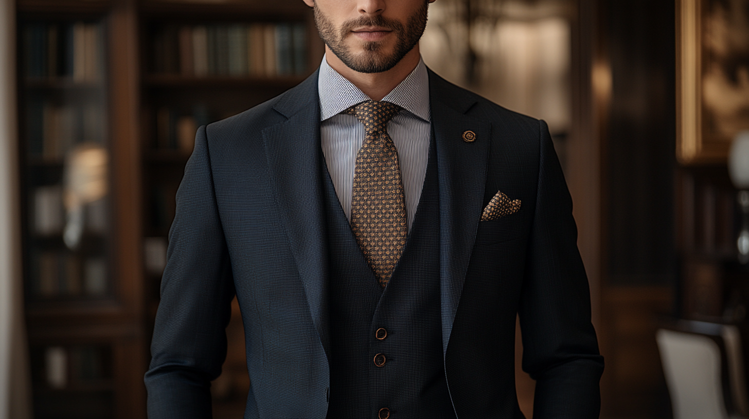 A groom in a perfectly tailored black suit, wearing a subtle patterned shirt underneath, such as delicate stripes or checks. The pattern adds texture and depth to the outfit without overpowering the overall look. The black suit remains the star, while the patterned shirt introduces a refined, stylish touch. The groom stands confidently, accessorized with a sleek tie, pocket square, and polished shoes. The scene takes place in a sophisticated wedding venue, showcasing the groom’s modern, elegant look that blends classic style with a hint of personality.