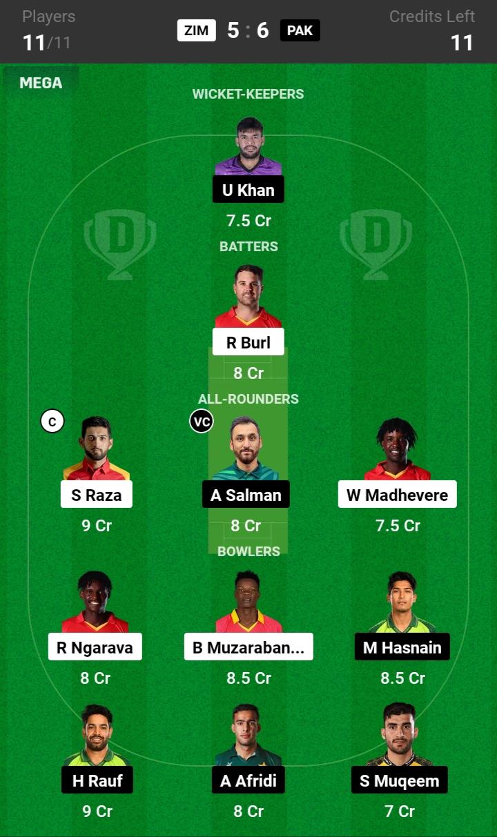 ZIM vs PAK Dream11 Prediction Grand League Team: