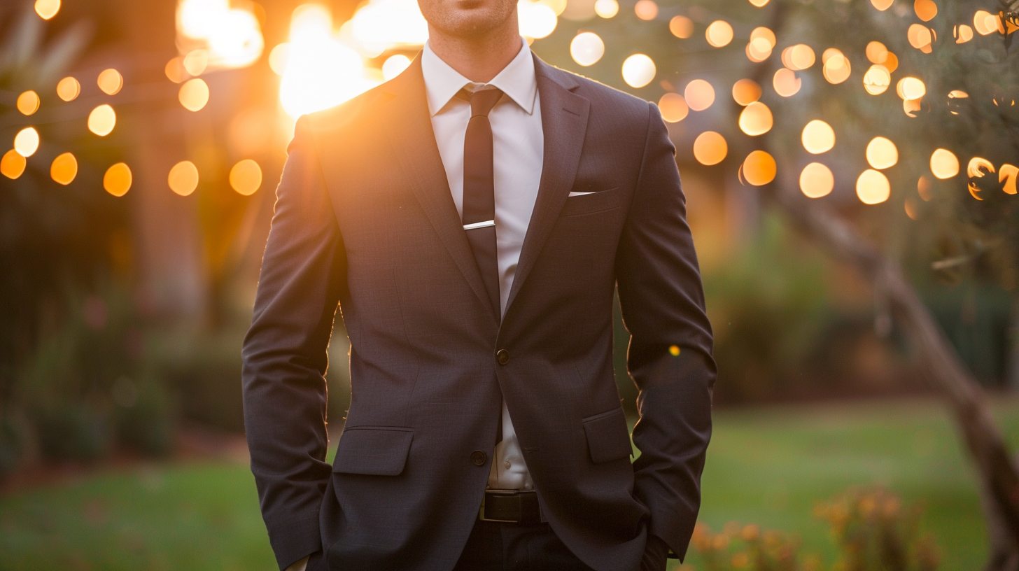 A man at a formal evening summer wedding wearing a charcoal or navy lightweight wool suit, well-tailored, white shirt with a sleek tie, polished shoes, sunset background with string lights, elegant and slightly upscale ambiance