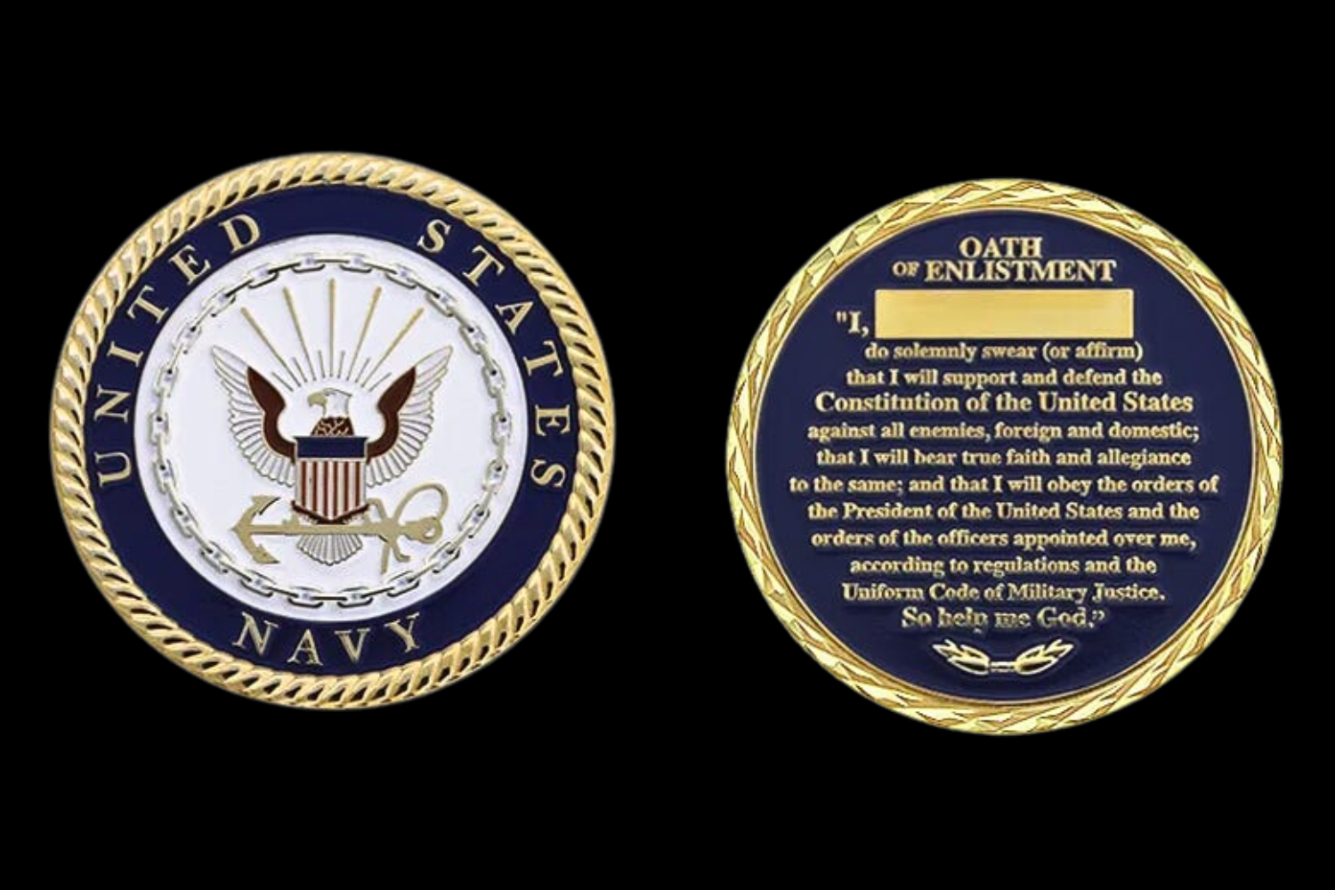 Picture of a United State Navy challenge coin, with the Oath Of Enlistment on its reverse..