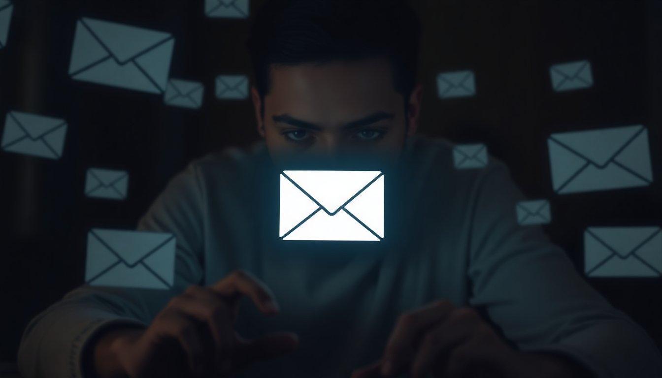 A person intently viewing glowing email icons, highlighting email harassment risks online