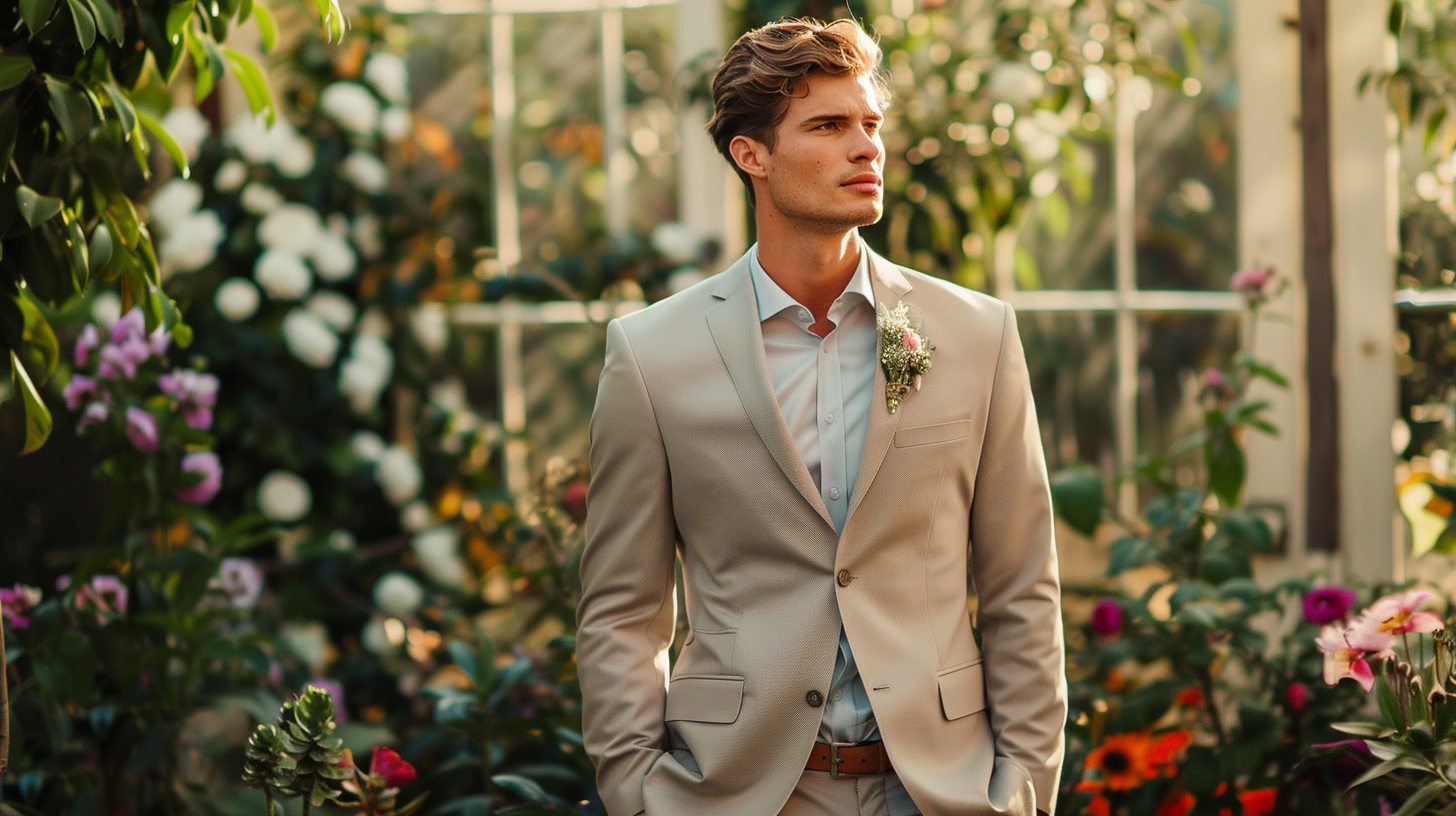A man at a sunny garden wedding wearing a light tan or pastel cotton suit, comfortable yet structured, white or pale blue dress shirt, slim tie optional, brown loafers, greenery and floral background, daytime lighting with a calm breeze