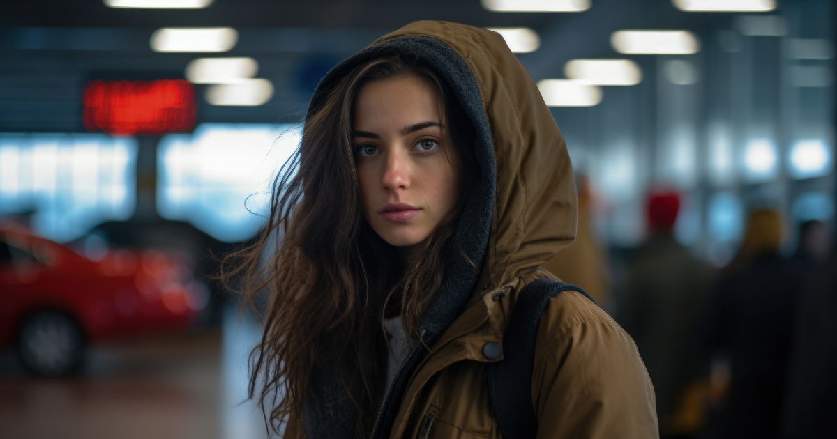 A young woman in a brown hooded jacket stands in a busy indoor setting, her steady gaze calm yet unshaken, carrying an air of quiet confidence, showing how true strength often moves with deliberate, calculated steps.