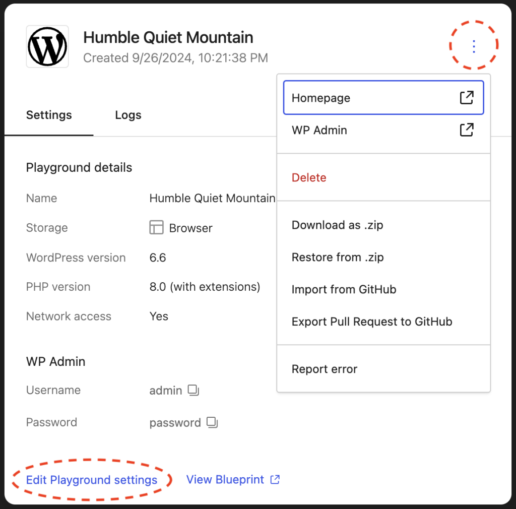 A screenshot highlighting ways to access operations on a site.
