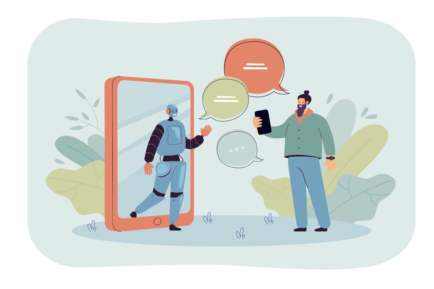 An illustration of a person holding a smartphone interacting with a robot emerging from the phonescreen Speech bubbles indicate anarchitectural discours between the person and the robot