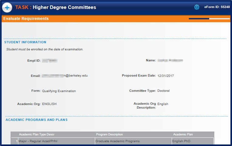 QE Committees form loaded showing the top portion which contains the student’s information.
