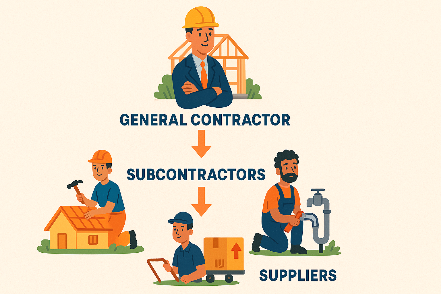 Illustration of contractors, subcontractors, and suppliers involved in the Texas pre-lien notice process.