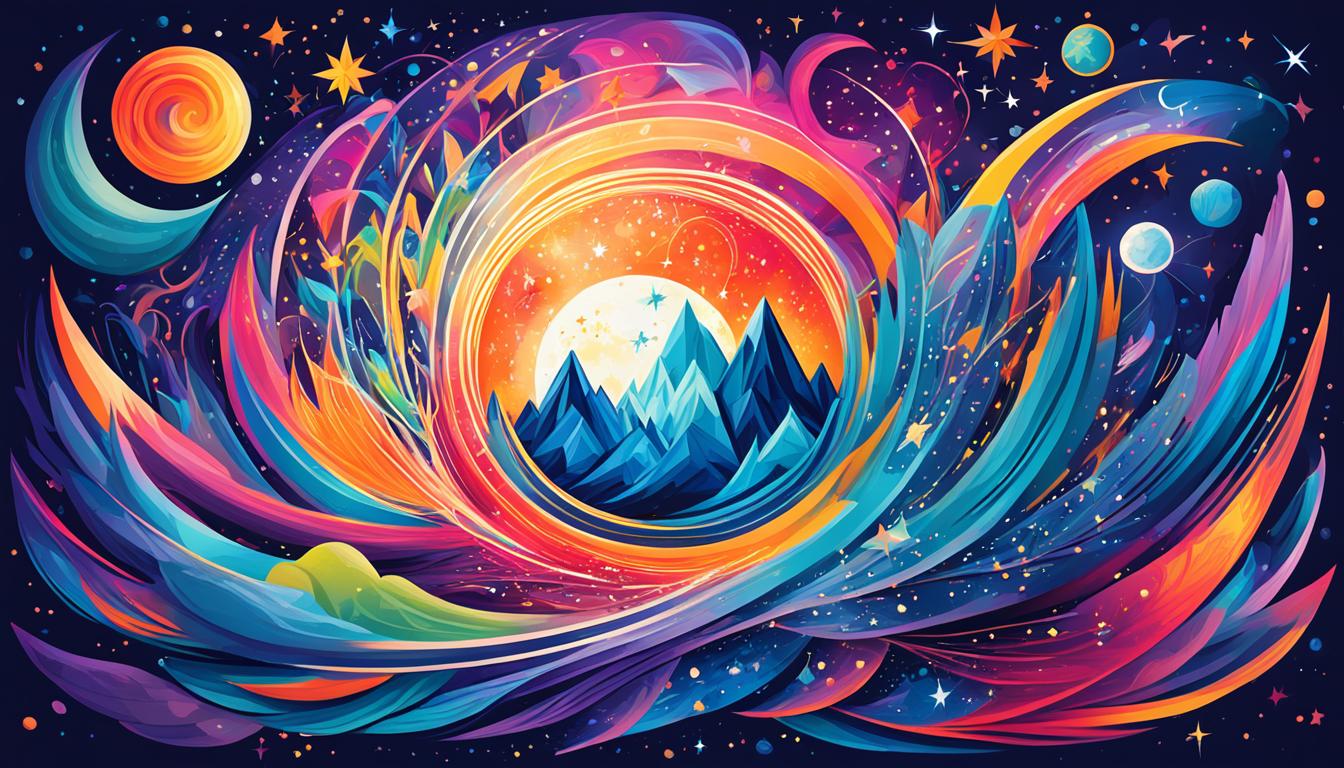 A vibrant burst of color emanating from a manifestation crystal, surrounded by swirling patterns and shapes that represent the user's dreams and desires. In the background, a starry night sky and moon reflect the power of the universe in helping to manifest their dreams while sleeping.