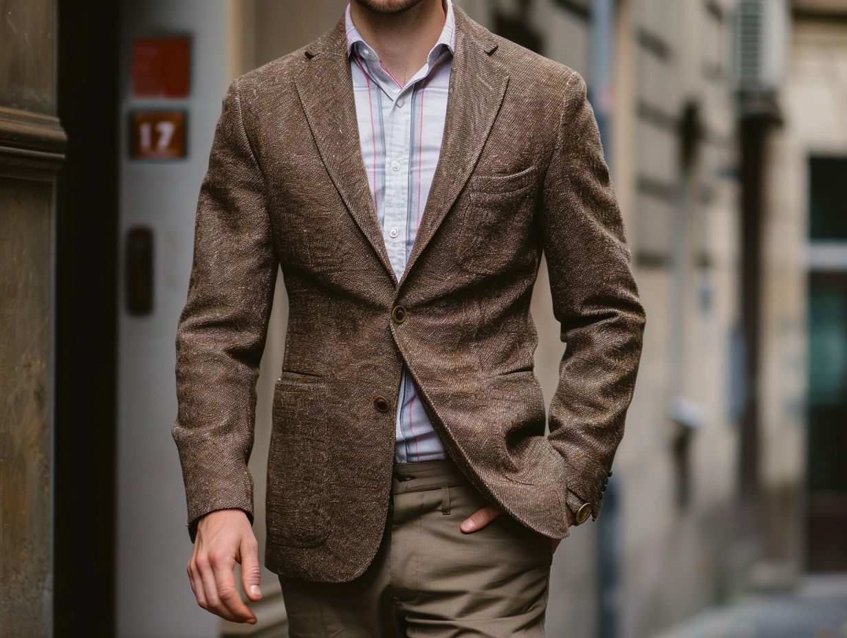 A man wearing a classic blazer, a stand-alone jacket that’s less formal than a suit jacket, paired with trousers in a contrasting color. The look is smart and polished, perfect for casual or semi-formal occasions.