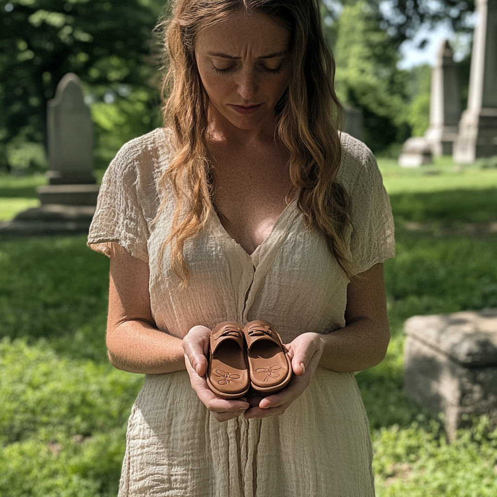 A woman standing in a cemetery holding a pair of sandals | Source: Midjourney