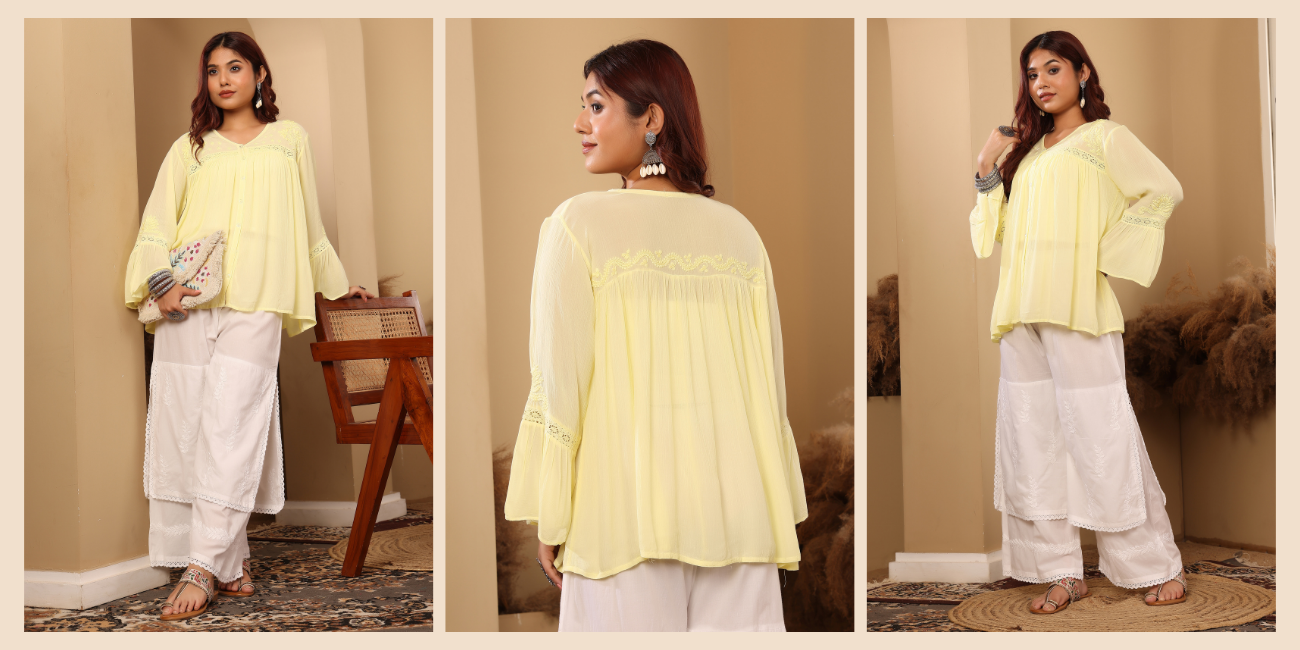 A woman wearing a butter yellow tunic with white chikankari embroidery on it