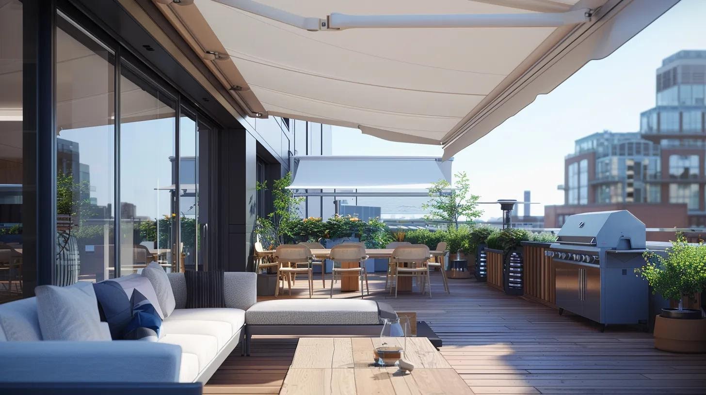 a stylish residential patio features an array of awnings, including retractable and fixed designs, showcasing their versatility against a contemporary home backdrop with sleek architecture and modern furnishings.