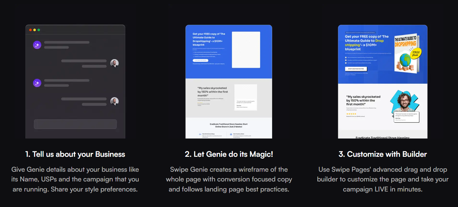 Screenshot showing how Swipe Genie works for performance marketers