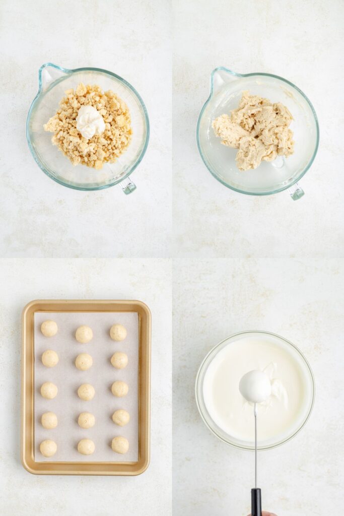 A four -step process: the left on top shows the crumb of cookies and glaze in a bowl, the right right shows the mixed dough, the lower left exhibition with round baking balls on the baking sheet, and below the right shows the fork that sinks the ball into white chocolate.