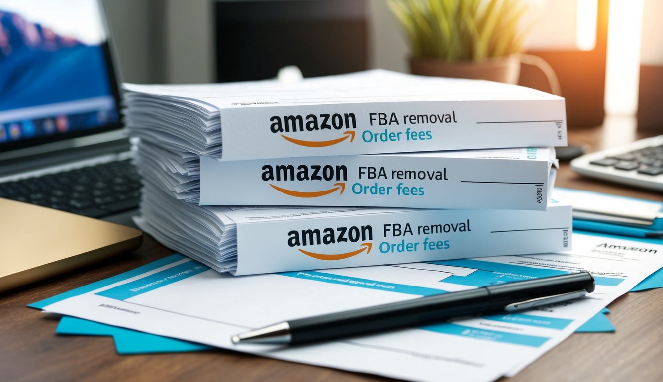 A stack of Amazon FBA removal order fees invoices on a cluttered desk