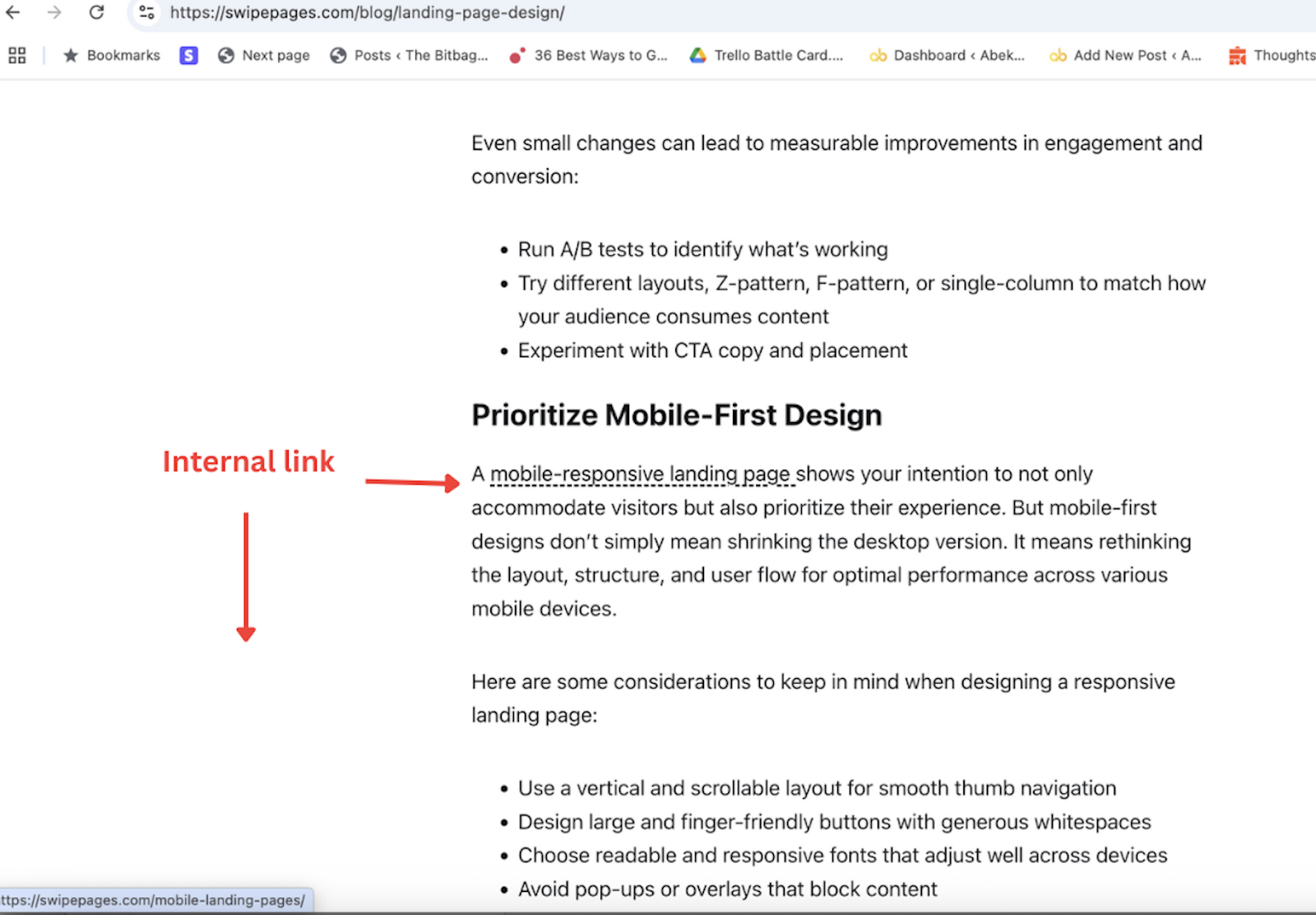 Image showing how internal links appear on a web page