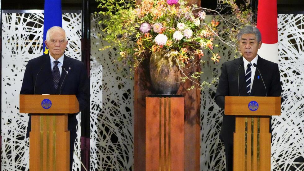 EU's foreign policy chief Josep Borrell and Japan's Foreign Minister Takeshi Iwaya speak to media in Tokyo, Japan November 1, 2024, in this photo taken by Kyodo.