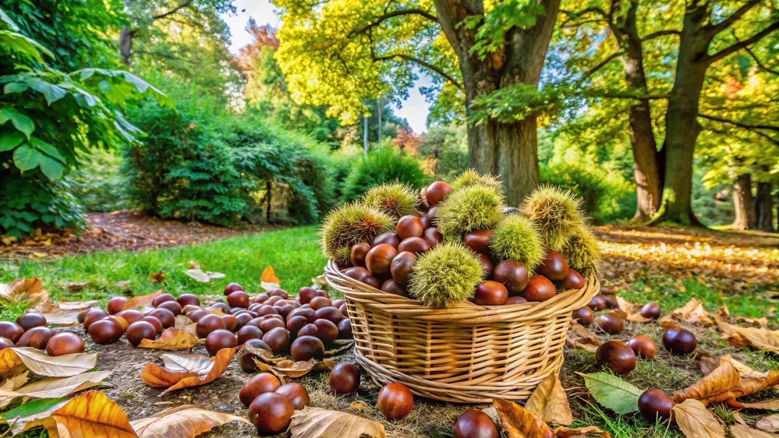 castanhas recém colhidas em uma cesta