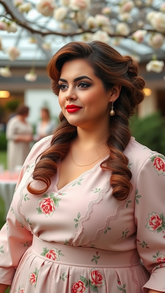 A woman with vintage-inspired finger waves hairstyle, wearing a floral dress, with a background of cherry blossoms.