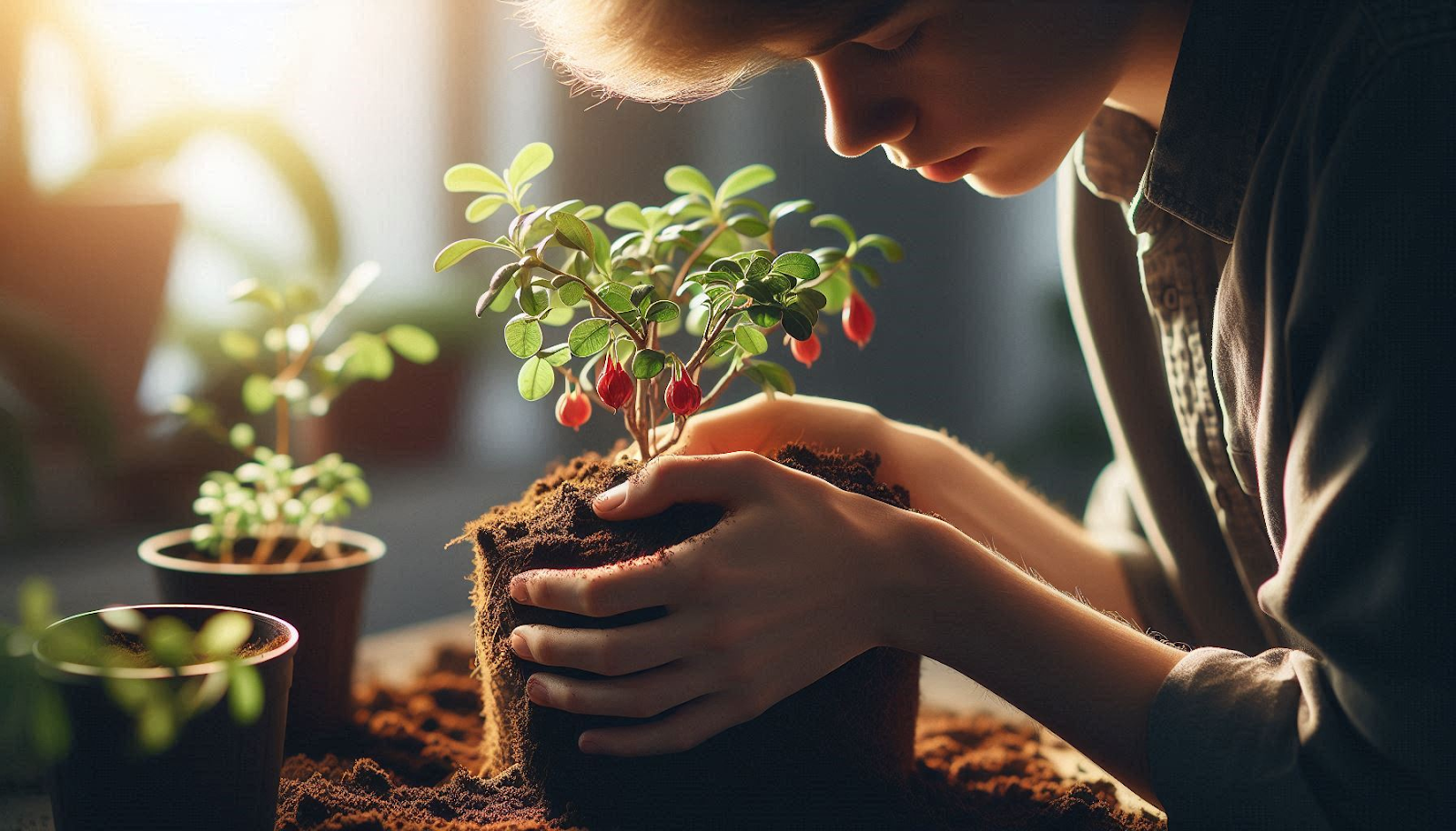 Pessoa plantando uma muda de acerola em vaso, cobrindo as raízes com terra.