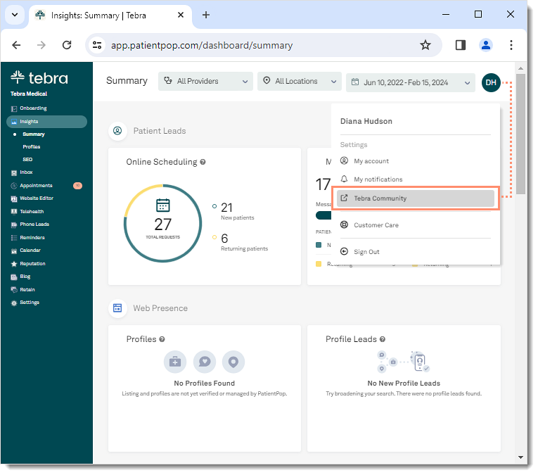 Tebra dashboard