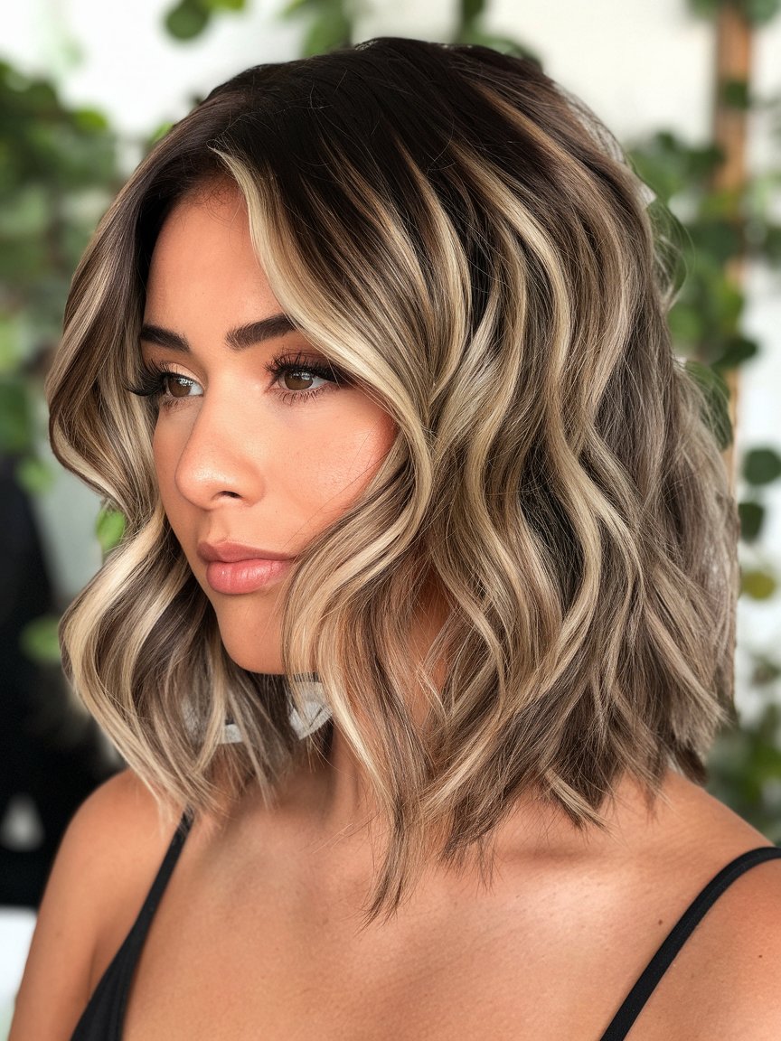 3. Highlighted Wavy Lob with Face-Framing Layers