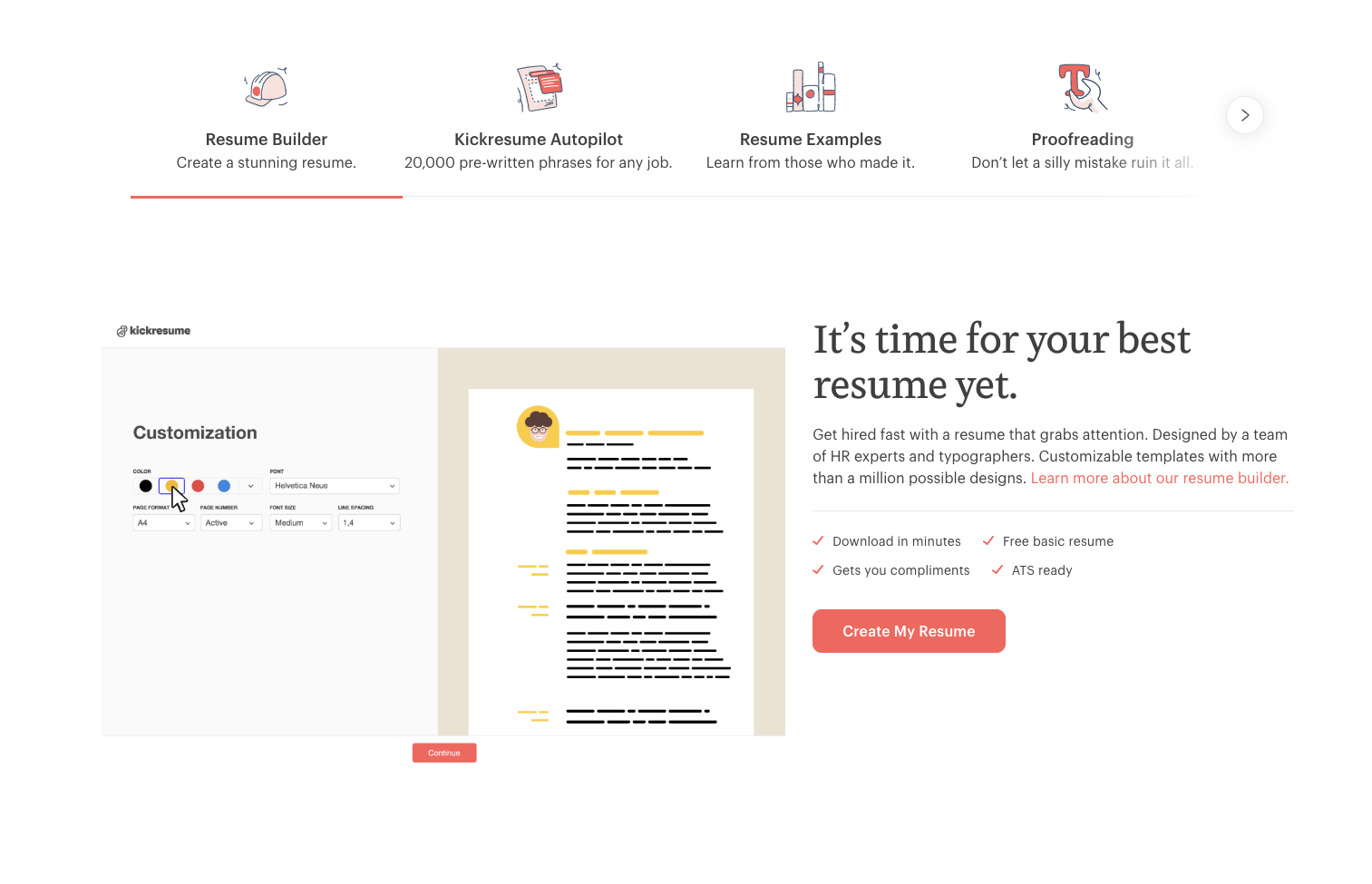 Kickresume's AI resume builder interface showing template options