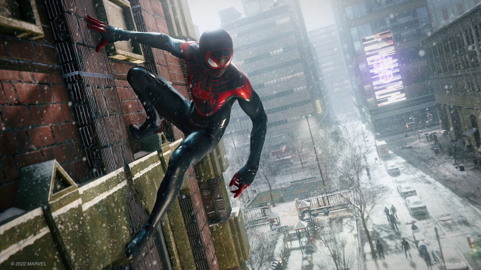 Screenshot of Spider-Man on the side of a building in Marvel’s Spider-Man: Miles Morales.