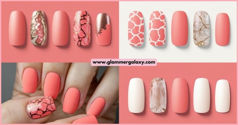 Assorted coral nail designs with marble accents on a pink background.