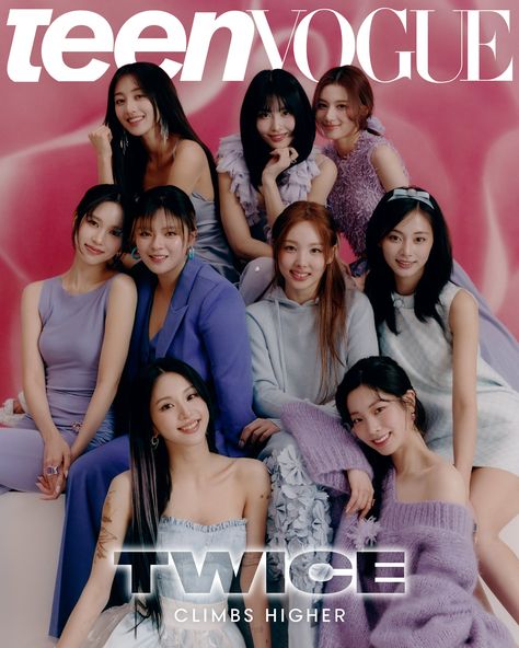 This contains an image of of twice  group members in purple dresses and one girl with long black hair