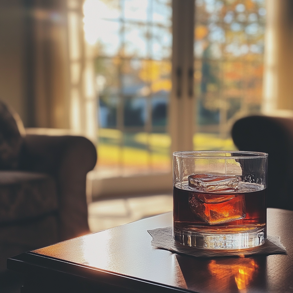 A glass of whiskey on a coffee table | Source: Midjourney