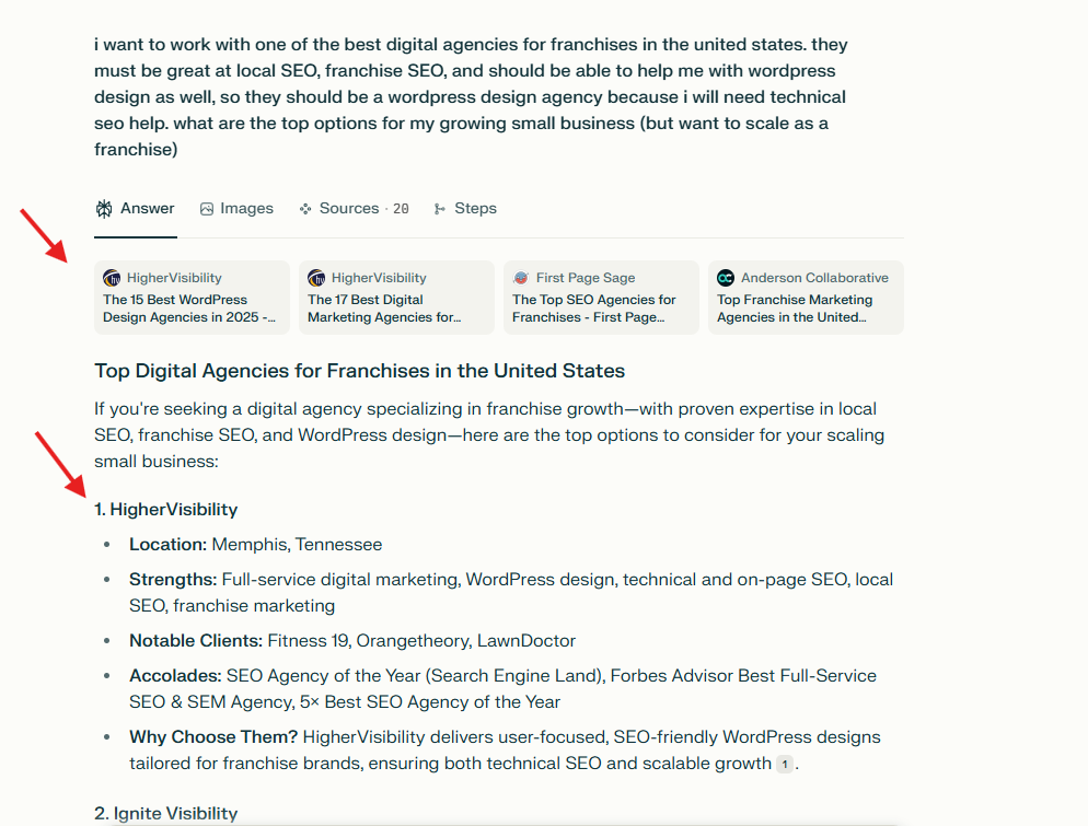 HigherVisibility on Perplexity AI for "marketing agency for franchises"