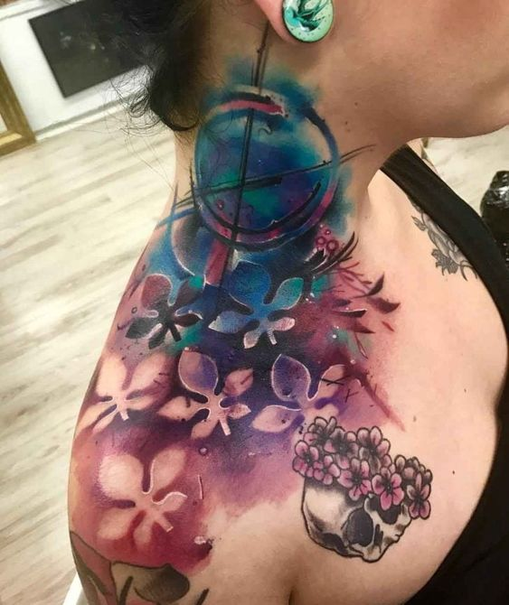 Watercolor Neck Tattoos for women