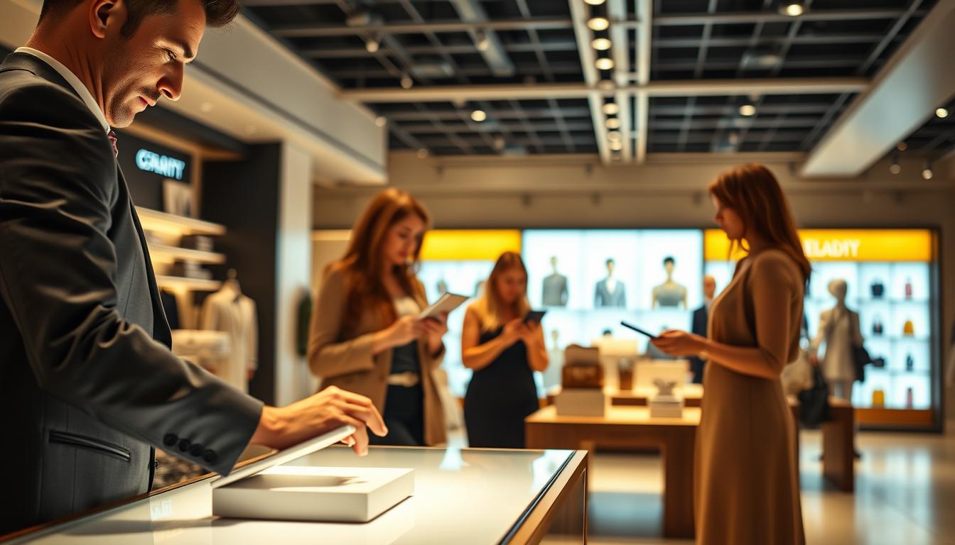 A vibrant, modern retail experience showcasing personalized customer interactions. In the foreground, a well-dressed customer examines a product on a sleek, minimalist display table, their face lit by warm, natural lighting. The middle ground features a team of attentive sales associates, using tablet devices to offer tailored recommendations. The background reveals a bright, open-concept store interior, with digital screens dynamically showcasing personalized product suggestions. The overall scene conveys a seamless, data-driven shopping journey that caters to the individual needs and preferences of each customer.