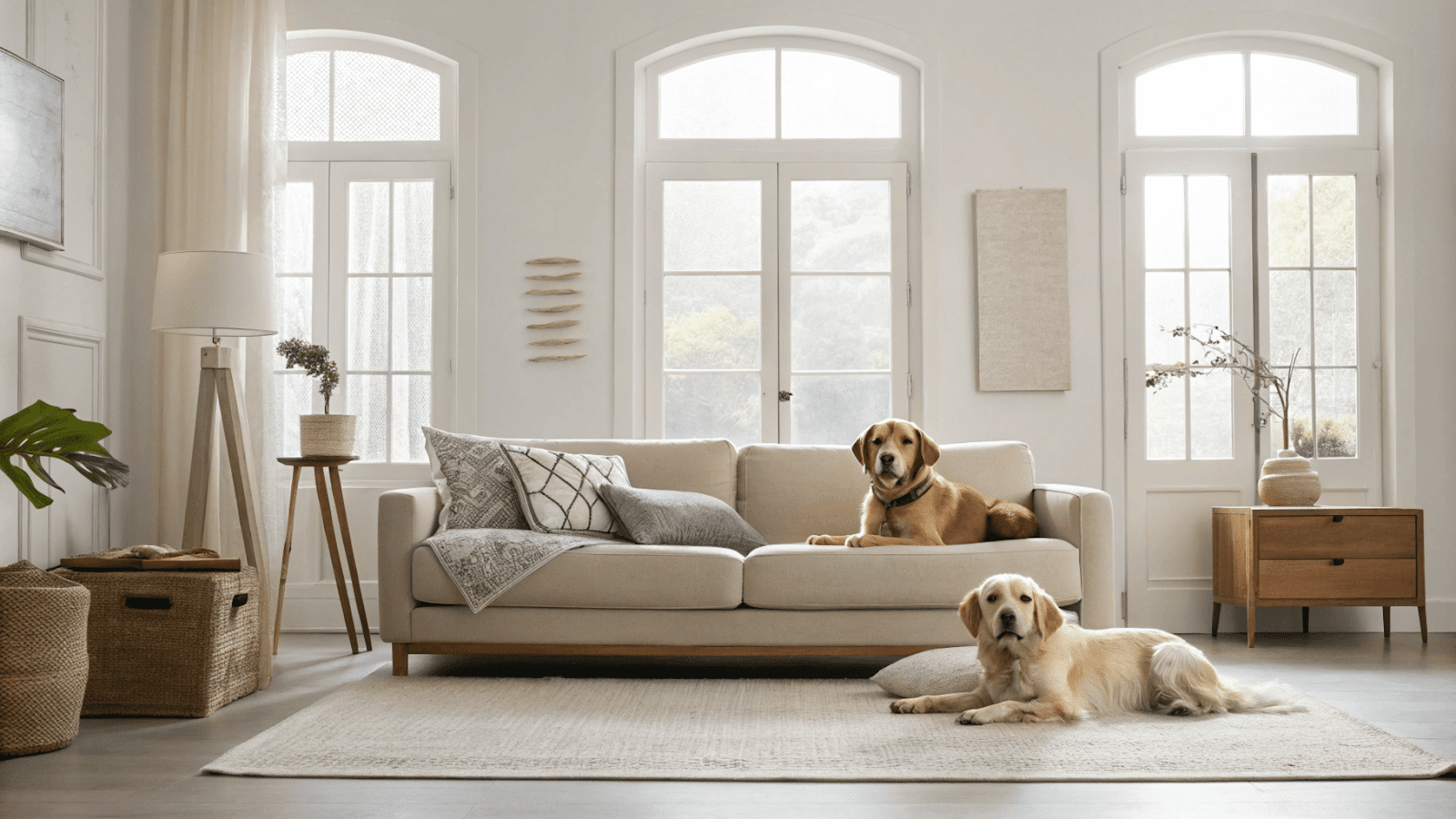 My "perfectly imperfect" minimalist living room with dogs lounging on the couch