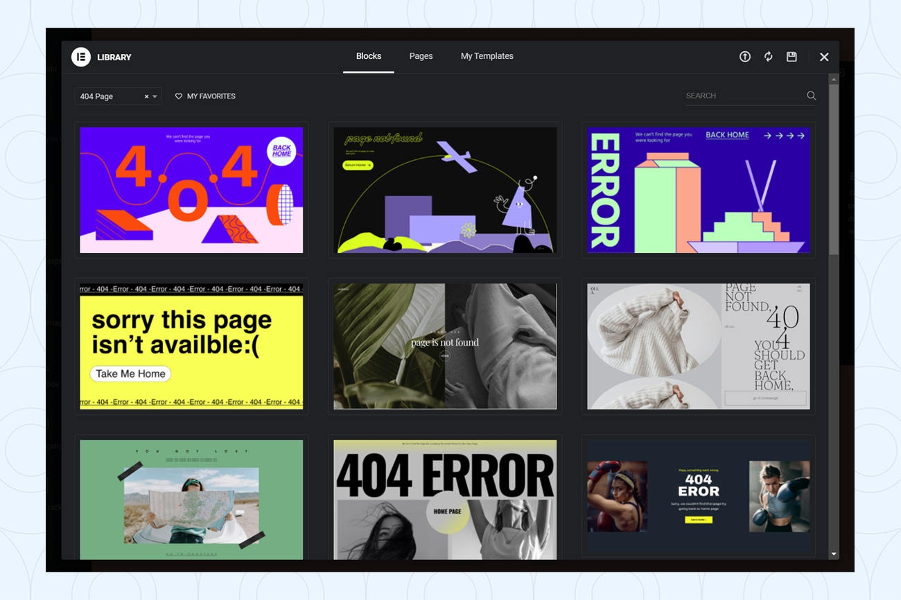 Elementor Pro’s Error 404 template library