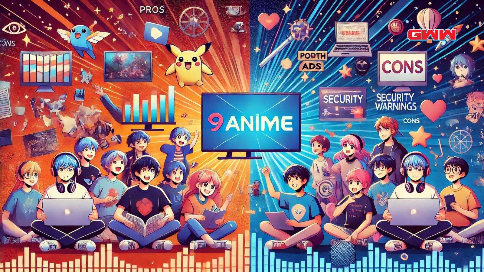 A wide background image illustrating the pros and cons of using 9Anime