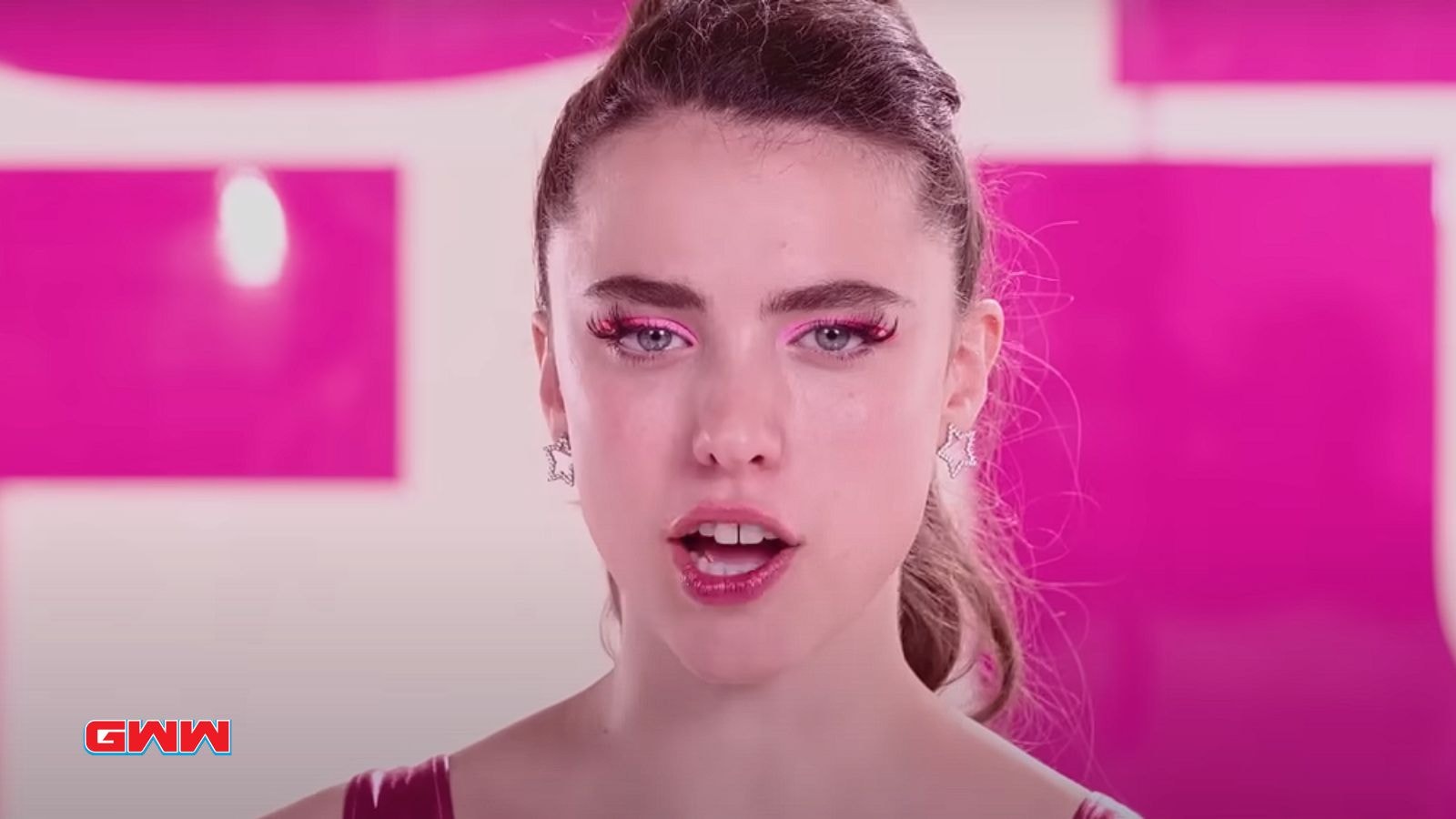 Margaret Qualley with pink makeup in a promotional scene from "The Substance."