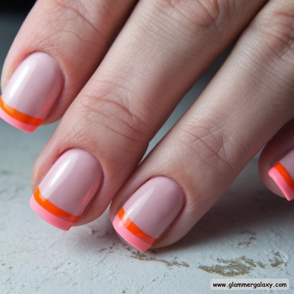 Orange and Pink Summer Nails with Trendy Duo-Tone French