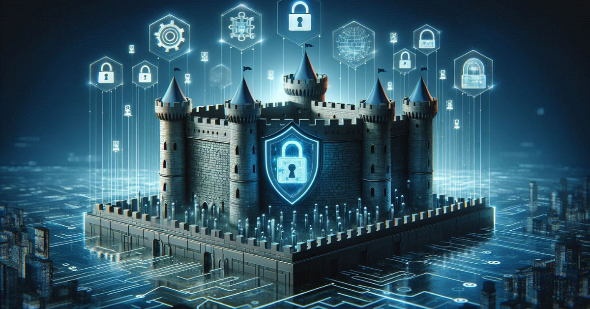 A digital fortress symbolizing cybersecurity, with various security icons floating above, representing protection in a connected digital landscape.