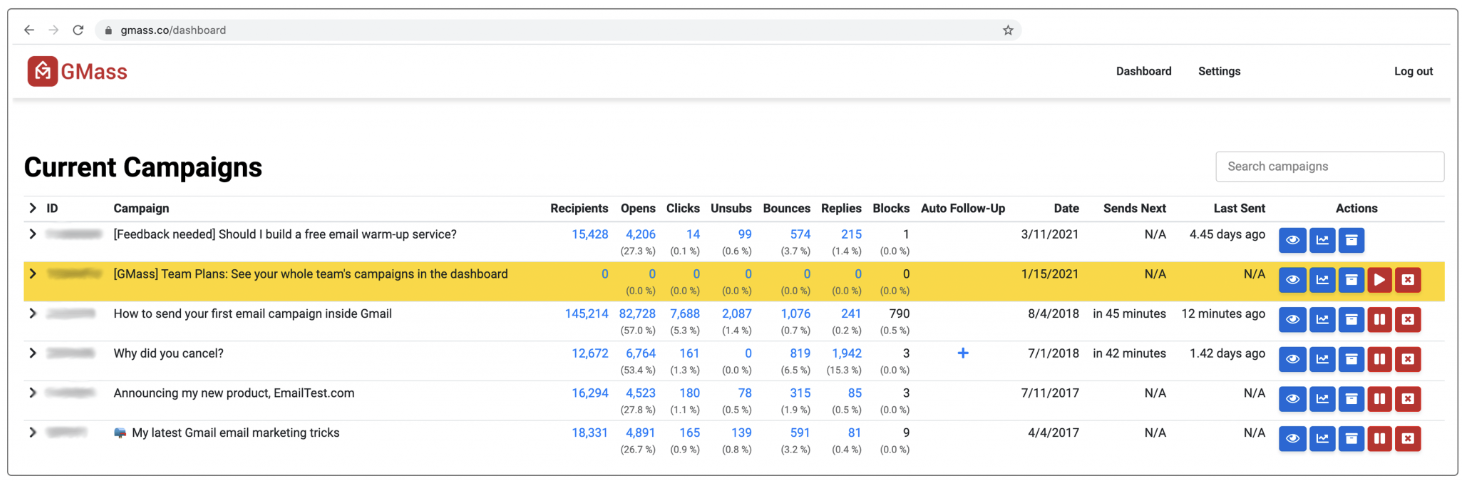 Measuring email open rates and CTRs through GMass