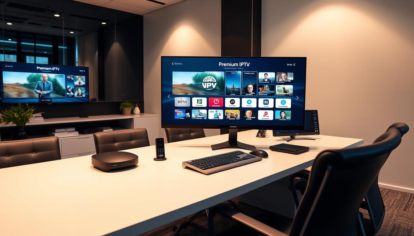 A modern and visually appealing office setup with a large desk, a high-end computer monitor, and various digital devices showcasing the essential features of a premium IPTV subscription service. The desk is surrounded by sleek furniture and minimalist decor, creating a professional and tech-savvy atmosphere. Soft, directional lighting illuminates the scene, highlighting the crisp display and intuitive user interface of the IPTV service. The image conveys a sense of efficiency, convenience, and the latest technology available for seamless streaming experiences.
