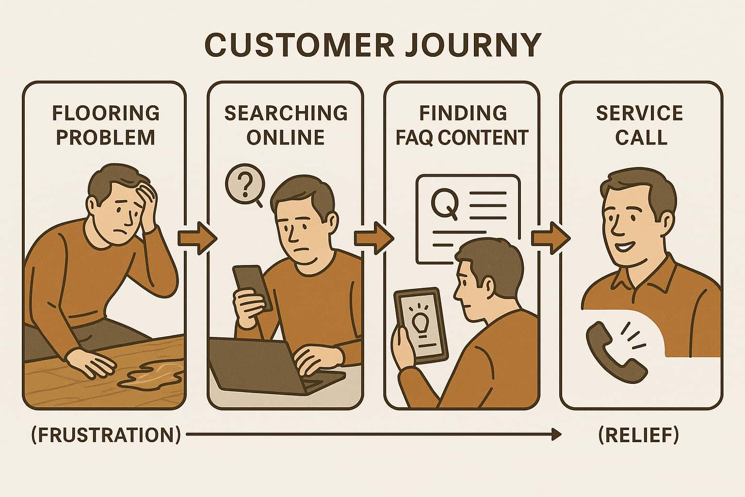 Customer journey flowchart showing how problem-solving content generates phone calls and high quality flooring leads for growing your business.